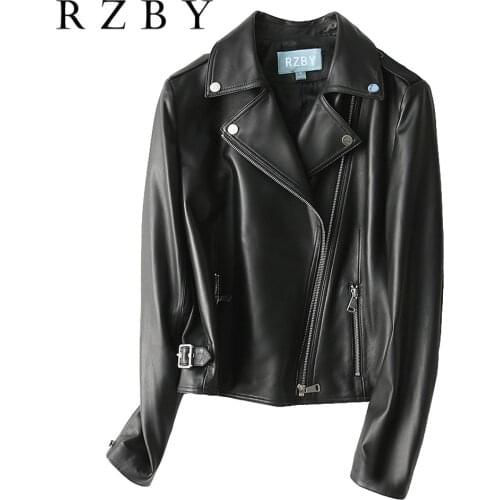 Leather Genuine Loose Jacket Women Classic Moto Biker Sheepskin Veste En Cuir Spring Autumn Lady Basic Coat Outerwear RZBY330