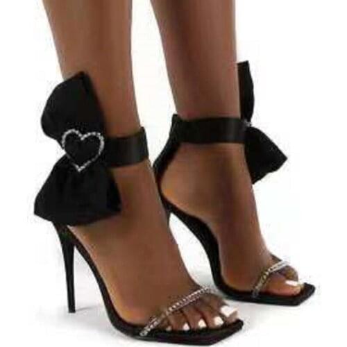 2021 New European and American Fashion Foreign Trade Fine High Heel Water Drill Toe Bow Girl Sandals