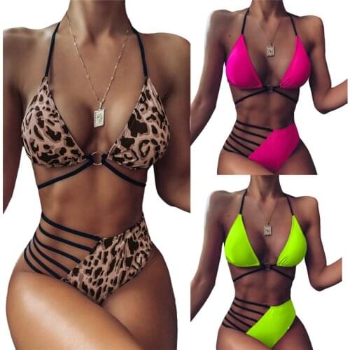 Women acute Sexy Bikini Sets Solid Color/Leopard Print Hanging Neck Backless Swimwear Bra + High Waist Bathing Suit Thong