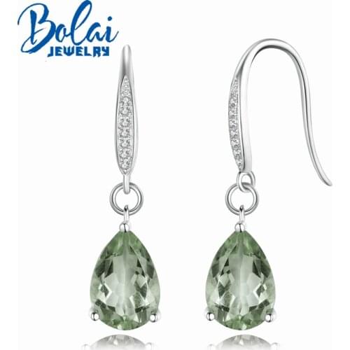 Bolaijewelry,Pear shape Gorgeous Natural green amethyst hook earring solid 925 sterling silver gemstone dangle earrings for lady