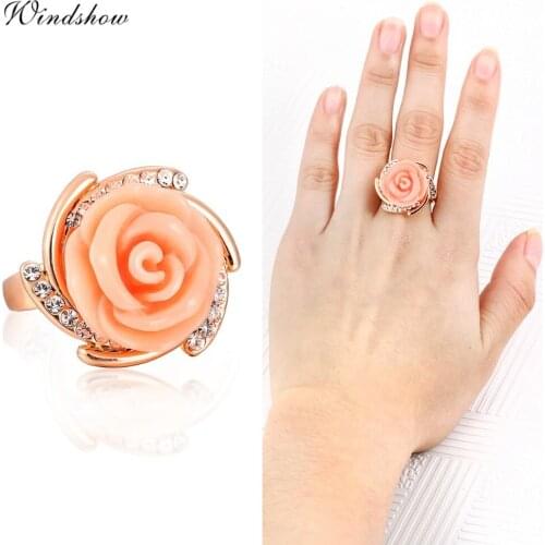 Rose Gold Color Big Pink Camellia Rose Flower Cluster Austrian Crystals Rings For Women Fashion Jewelry 2015 Wedding Party Bague