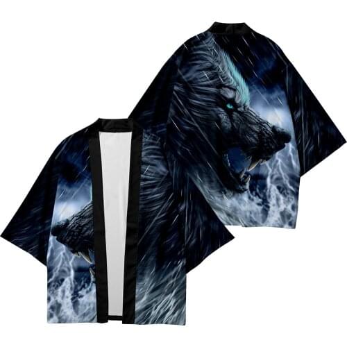 Plus Size 5XL Wolf Print Fashion Beach Japanese Kimono Kimetsu No Yaiba Robe Cardigan Men Shirts Yukata Haori Womens Clothing
