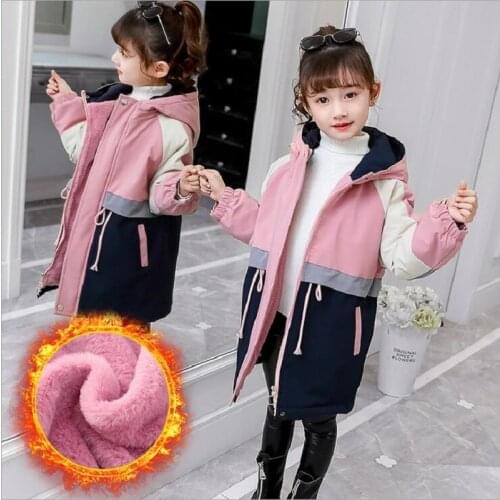 Winter Girls Coat Plus Velvet Thicken Warm Windbreaker Jacket For Childrens Outwear Long Patchwork Color Jacket For Girls 4-13Y