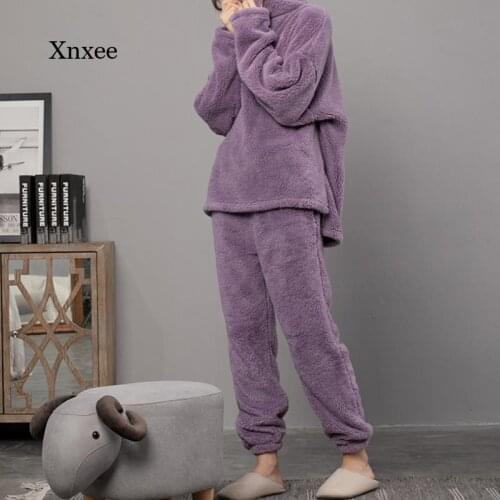 Winter Womens Fashion Warm Velvet Purple Pajamas Suit Flannel Atoff Home Satin Pajamas Plush Silk Soft Pajamas
