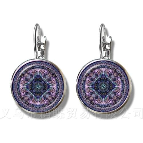 2018 Life Earrings Fashion OM Yoga Chakra Mandala Glass Jewels Sacred Geometric Purple Flower Silver Plated Stud Earrings