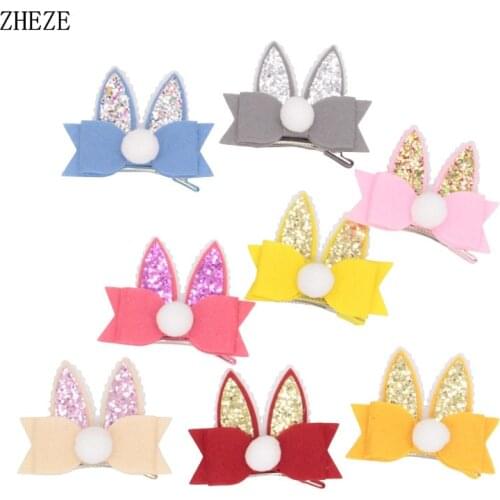 8pcs/lot 2019 Glitter Rabbit Ear Hair Clips 3'' Sequin Bow Barrette Easter Bunny Hair Clips For Kids Handmade Hair Accessories