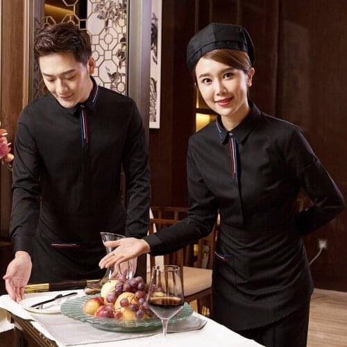 Free Shipping Work Clothing Long Sleeve Hotel Waitress Uniform Fast Food Shop Waiter Shirt+Apron Catering Overalls Wholesales