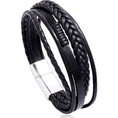 Vintage Retro Fashion Men Jewelry Multi-layer Braid Leather Cuff Bracelet Women Punk Bangle Magnetic Clasp Wrap Wristbands Gift