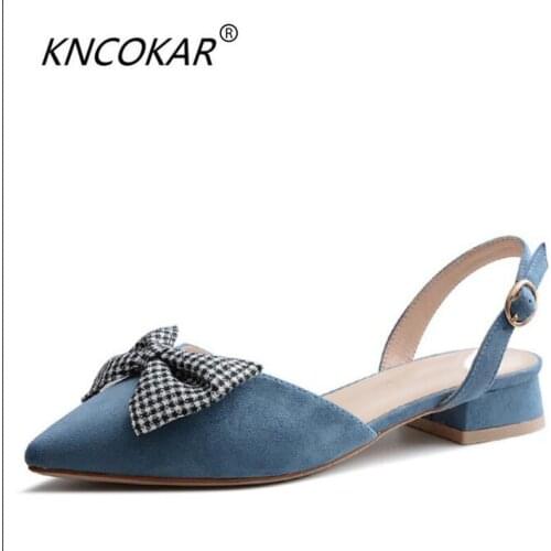 KNCOKAR 2018 The new women of summer are in fashionLeisure plaid bowknot comfortable flat - heeled pointed large - size sandalS