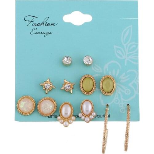 Fashion 6 Pairs/Set Stud Earrings Set Mix for Women 2018 Gold Color Geometric Crystal Round Oval Star Earrings Jewelry Brincos