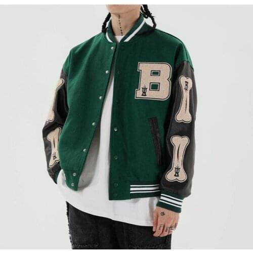 Mens Jackets Bone Letter Patchwork Harajuku Korea Style High Street Spring Autumn Baseball Coats Single-breasted Bomber Jacket