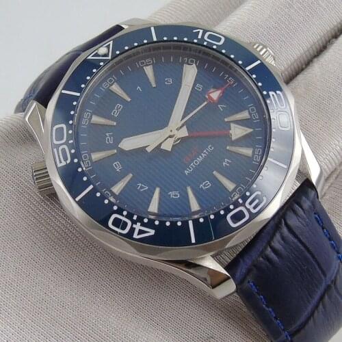 41mm Blue Dial Self Winding Mens Watch Automatic Ceramic Bezel GMT Movement Sapphire Glass Leather Strap Date Window