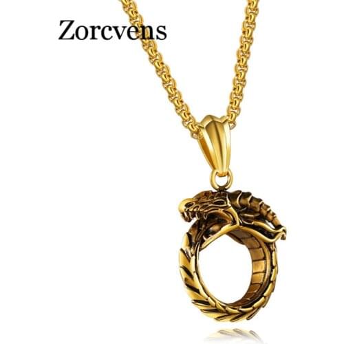 ZORCVENS Punk Black Gold Color Male 316L Stainless Steel Dragon Pendant &Necklace for Men Gift