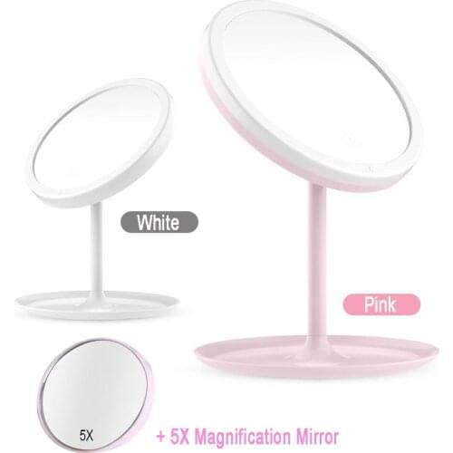 Tabletop Makeup Mirror with LED Lights, Vanity Mirror with Detachable 5x Magnification, USB Powered, Touch Screen Switch