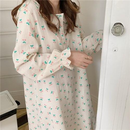 Buttons Cherry Print Nightgown Sleepwear Loose Casual Vintage Homewear Korean Kawaii Pajamas Long Sleeve Elegant Cute Kawaii