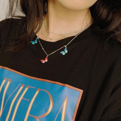 Retro round bead imitation pearl necklace female jewelry simple fashion color butterfly pendant necklace clavicle chain