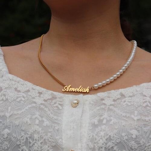 Personalized Name Necklaces for Women Girl Custom Pearl Necklace Choker Stainless Steel Nameplate Pendant Statement Jewelry