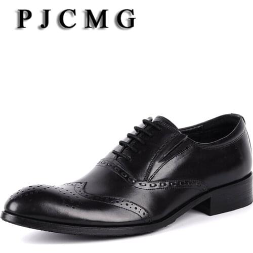 PJCMG New Fashion Comfortable Black/Brown Genuine Leather Lace-Up Pointed Toe Flat Man Casual Classic Formal Dress Shoes