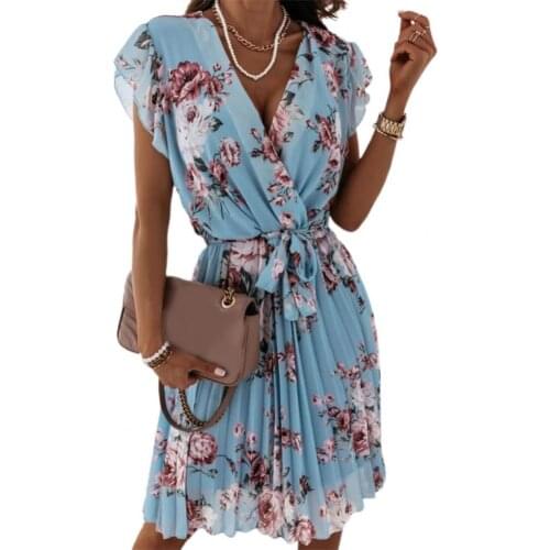 Dress Ruffle Sleeve Lining Female Women V Neck High Waist Dress for Shopping