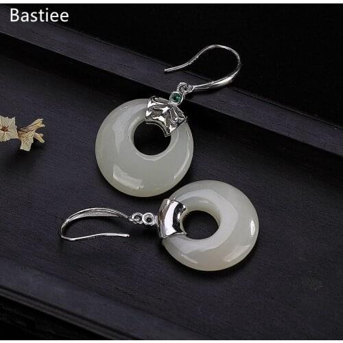 Bastiee Earrings For Women Silver 925 Jewelry Vintage Jade Korean Earrings Inlaid Sterling Silver