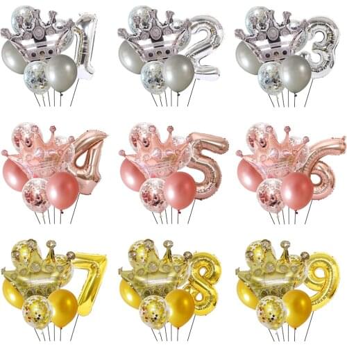7pcs/set Rose Gold Silver Crown Foil Balloons Set 0-9 Number Happy Birthday Party Decoration Baby Shower Event Supplies Globos
