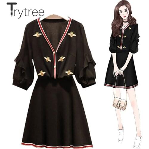 Trytree 2021 Spring Two Piece Women Set Casual Embroidery Single Breasted Tops + Elastic Waist Mini Skirt Knitted 2 Piece Suit