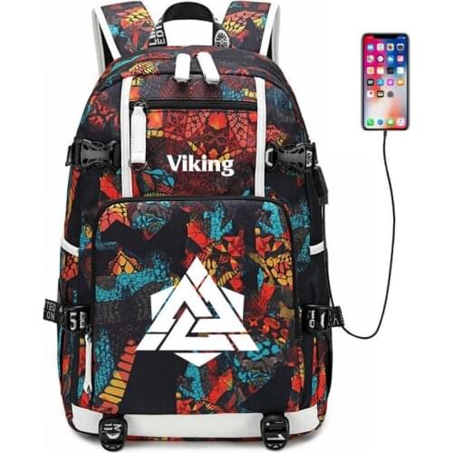 Viking Valknut Symbol travel bag School Bag usb charging canvas shoulder bag Teenager boys girls Backpack Laptop bag
