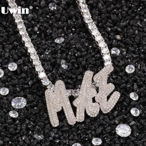 Uwin Hip Hop Jewelry Double-layer Cursive Font Name Pendants Necklaces Cubic Zirconia Pendants Backward Clasps for Men abd Women