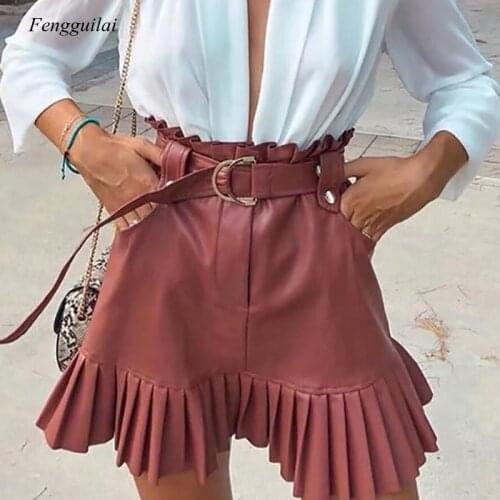 Women Black Pu Leather with Belt Fashion Streetwear Ruffles Pleated Mini A-Line Party Club Sexy Short Skirt