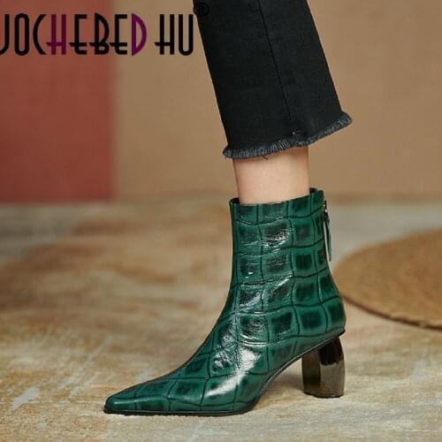 【JOCHEBED HU】Women Ankle Boots Shoes HIgh Heels Black Green Modern Boots Pointed Toe Fashion Elegant Zipper Shoes Women Footwear