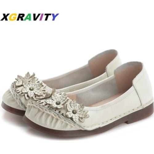 2021 Flower Design Flat Shoes Elegant Cow Genuine Leather Soft Flats Female Womens Casual Round Toe Shoes Ladies Leisure Loafer