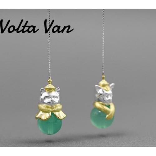 Volta Van 925 Sterling Silver Drop Earrings Agate Cute Cat 2021 New Fine Jewelry Vintage Anniversary Party Lady Silver Earrings