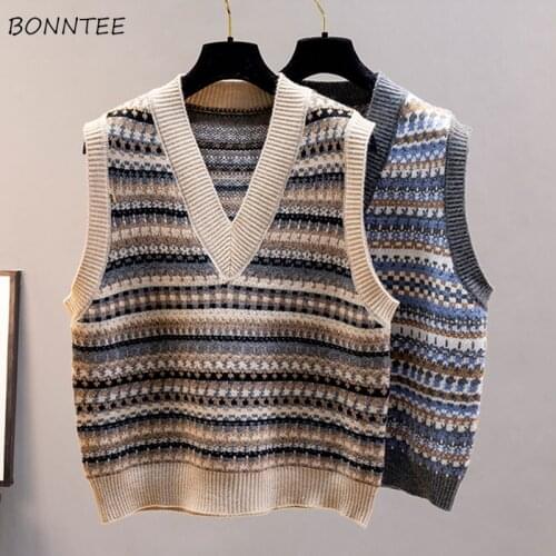 Vests Women Striped Sleeveless Knitting V-neck College Ladies Elegant Vintage All-match Popular Teen Sweater Daily Korean Style