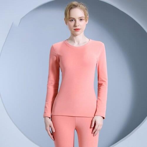 Womens Thermal Underwear Autumn Winter Long-Sleeve Trousers Two-Piece Solid Color Thick Round Neck Pullover Female Thermal Set