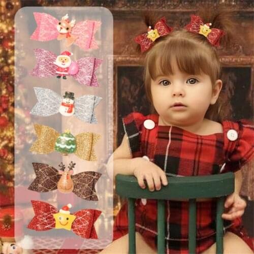 10pcs/Lot Christmas Kids Hair Clips Accessories Glitter Snowman Bow Hairpin Sequined Children Headdress Barrettes Best Gift