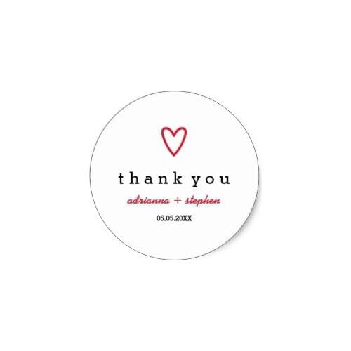 3.8cm Minimal Modern Red Heart Thank You Wedding Classic Round Sticker