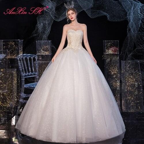 AnXin SH princess flower white lace wedding dress vintage strapless beading crystal pearls sleeveless bride wedding dress