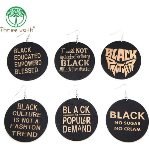 E261 Printed African Wood Drop Earrings With Headwrap Woman Pattern Black Ethnic Jewelry Mum Gift