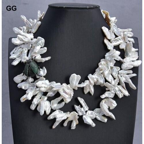 GG Jewelry 2 Strands White Keshi Pearl Necklace CZ Pave Insect Pendant 18"