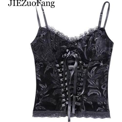 JIEZuoFang Summer Sexy Flock Women Camis Vintage Gothic Flowers Lace Crop Tops Elastic Thin Lace-Up Female Camisole Night Club