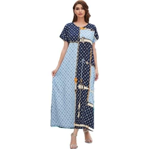 Fashion Summer Women Muslim Robe Long Maxi Dress Loose Short Sleeve Patchwork Print Female Middle East Dubai Dress