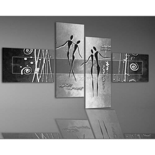 Hand Painted Modern Abstract Home Decoration Wall Art 4 Piece Set silver grey Canvas Oil Painting picture
