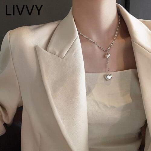 LIVVY Silver Color Simple Style Double Heart Pendant Necklace For Women Tassel Fine Jewelry Romantic Choker Gift