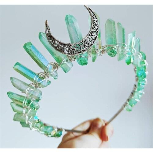 Natural Crystal Moon Crown Multicolored Green Hair Band Wizard Hair Accessories Handmade Bridal Headband Fashion Jewelry Gifts