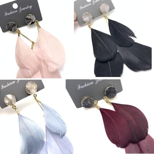 Bohemian Feather Druzy Resin Earrings Long Pendant earrings For Women Jewelry Statement Gifts For Women Accessories Brinco