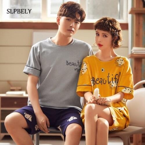 SLPBELY 100% Cotton Couple Pajamas Set Homesuit Summer Lovely Cartoon Lover Pajamas Men And Women Pyjamas Pijamas Homewear Cute