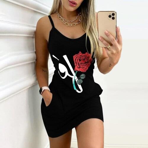 Sexy Womens Sleeveless Rose Printed Bodycon Holiday Party Mini Dress Bag Hip Dresses Soft Sexy Party Halt Slim Fit Vestidos D30