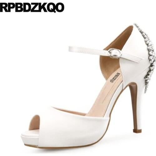 Thin Ankle Strap Ivory Bride Women Big Size White Satin Wedding Shoes Royal Blue Rhinestone Crystal High Heels Peep Toe Pumps 11