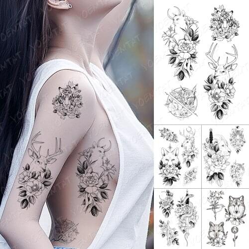 Waterproof Temporary Tattoo Sticker Moon Cat Flowers Rose Flash Tattoos Line Deer Tiger Body Art Arm Fake Tatoo Women Men