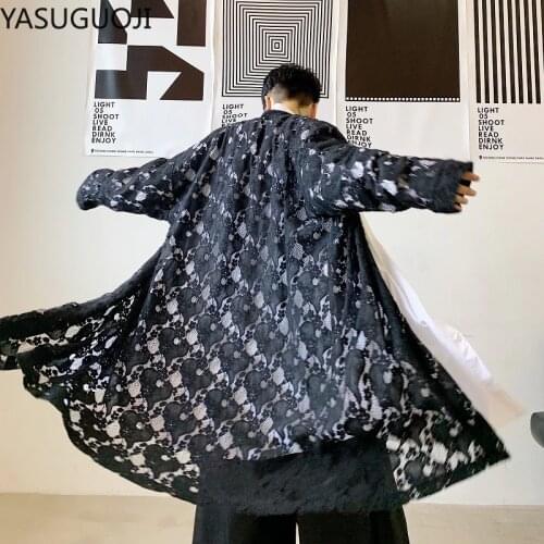 YASUGUOJI New 2021 Spring Hip Pop Loose Knitted Gothic Cardigan Men Fashion Lace Floral Long Mens Trench Coat Party Jacket Men